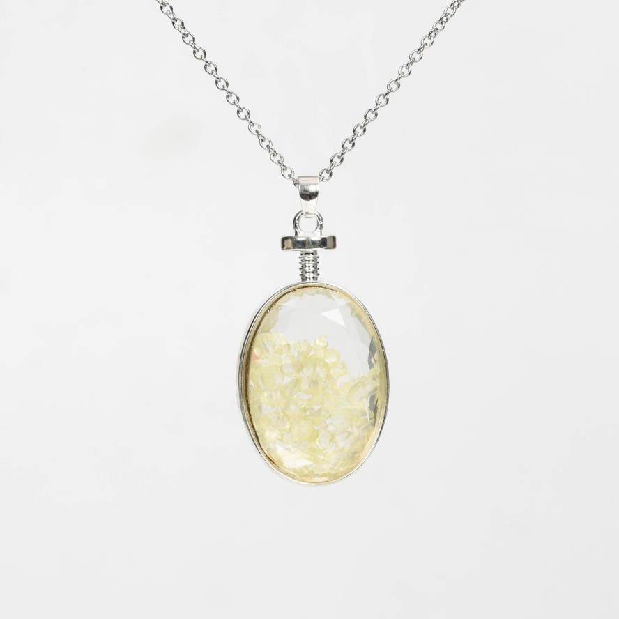 Crystal Chips In Oval Glass Pendant Necklace